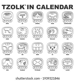 Vector icon set with Glyphs from Maya Tzolkin calendar. Calendar days symbols