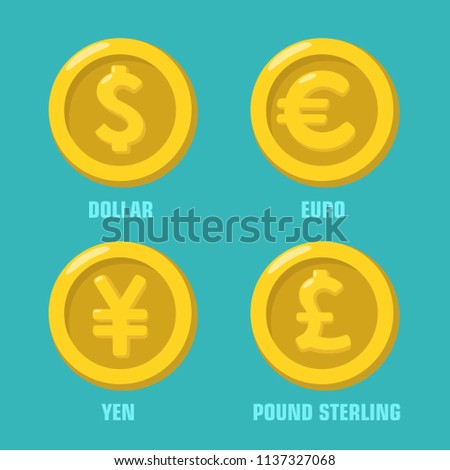 Vector icon set of gold coins with currency signs. Coin with signs: dollar, euro, yen and pound sterling.