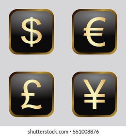 Vector icon set: golden currency icons on black background - dollar, euro, pound, yen