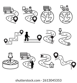 Vector icon set GPS street pin, Route map and Trip distance. Road map line icons. travel map. Navigation target pointer.