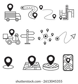 Vector icon set GPS street pin, Route map and Trip distance. Road map line icons. travel map. Navigation target pointer.
