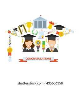 Vector icon set of graduation celebration elements in graduational hat shape. Man and woman graduates in caps and bachelor gowns. Graduation invitation, certificate or congratulation card template.