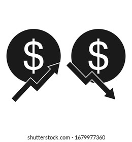 Vector Icon set of a graph of the rising and falling currency of the dollar. The graph shows an up and down arrow and a US dollar sign.