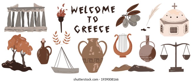 Vector icon set of Greece's symbols. Travel illustration with greek landmarks, people, building.