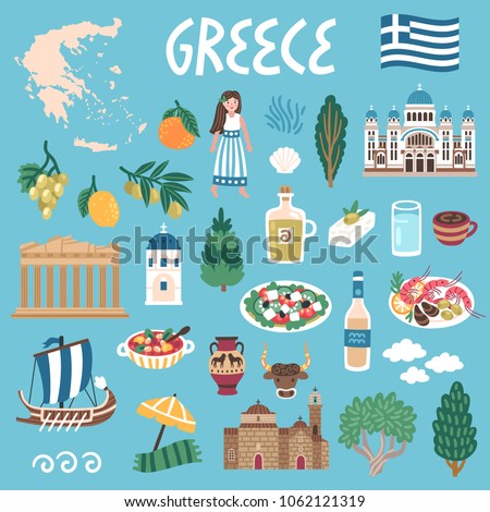 Vector icon set of Greece's symbols. Travel illustration with greek landmarks, people,traditional food, building.