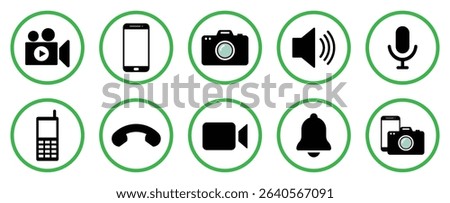 Vector icon set with green circles indicating allowed actions. Includes camera, video, phone, mic, bell, and speaker icons. Ideal for UI, public signage, apps, and information graphics.
