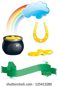 Vector icon set of green floral banner with clover leaves, pot with gold coins,   rainbows and horseshoe  isolated on white background for St. Patrick's day