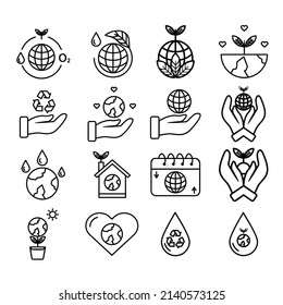 Vector icon set with green planet earth concept, world ecology, rich in water, world with leaves, thin line web symbols. Great for symbols, logos and more with editable black outlines