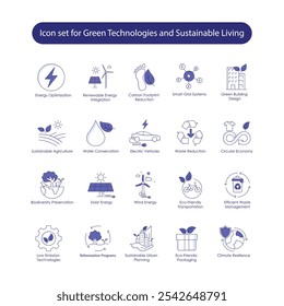 Conjunto de iconos de Vector para Tecnologías verdes y vida sostenible. Abarca iconos de resiliencia climática, tecnología de bajas emisiones, agricultura sostenible y transporte ecológico.