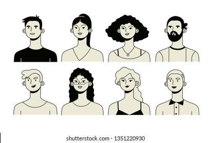 Vector icon set of a group of man and woman isolated on a white background. Profile portrait illustrations of colleagues in a gray color with a black outline.