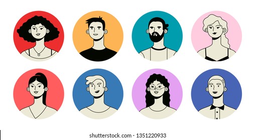 Vector icon set of a group of man and woman isolated on a white background. Colorful profile illustrations of colleagues in a gray color with a black outline.