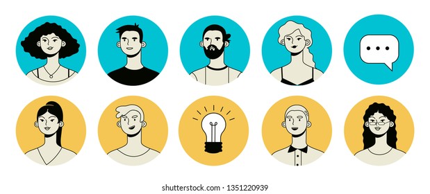 Vector icon set of a group of man and woman isolated on a white background. Colorful profile illustrations of colleagues in a gray color with a black outline.