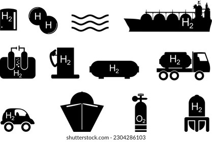 Vector Icon Set - H2 Hydrogen Technology, Production, Storage and Transport