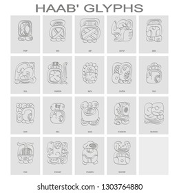 Vector Icon Set With Haab Maya Calendar Named Months And Associated Glyphs 