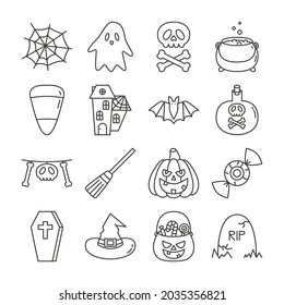 Vector icon set - Halloween elements. Spider web, happy ghost, scary pumpkin, candies, candy corn, witch hat