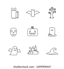 Vector icon set with Halloween themed elements with bat,pumpkin, tombstone,grave,  skull, witch hat,castle ,cat on a whitebackground 