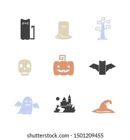 Vector icon set with Halloween themed elements with bat,pumpkin, tombstone,grave,  skull, witch hat,castle ,cat on a white background 