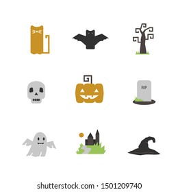 Vector icon set with Halloween themed elements with bat,pumpkin, tombstone,grave,  skull, witch hat,castle ,cat on a white background 