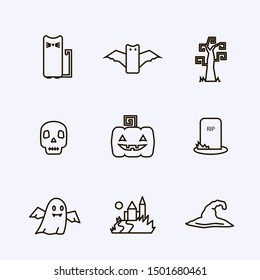 Vector icon set with Halloween themed elements with bat,pumpkin, tombstone,grave,  skull, witch hat,castle ,cat on a white background 