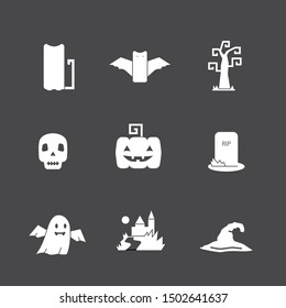 Vector icon set with Halloween themed elements with bat,pumpkin, tombstone,grave,  skull, witch hat,castle ,cat on a dark background 