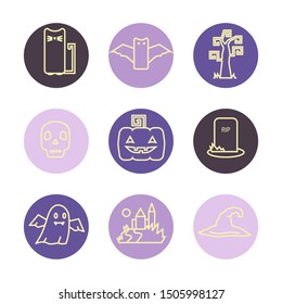Vector icon set with Halloween themed elements with bat,pumpkin, tombstone,grave,  skull, witch hat,castle ,cat on a color background 
