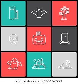 Vector icon set with Halloween themed elements with bat,pumpkin, tombstone,grave,  skull, witch hat,castle ,cat on a color background 