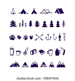 Vector icon set of hand drawn camping and adventure design elements. Beautiful ink drawing.