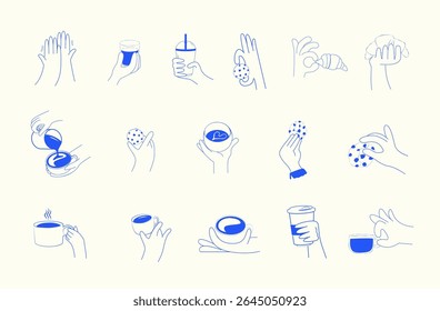 Vector icon set of hand gestures with coffee cups, cookies, and pastries. Includes hands holding mugs, pouring coffee, offering desserts, and takeaway drinks. Minimal doodle style for cafe branding