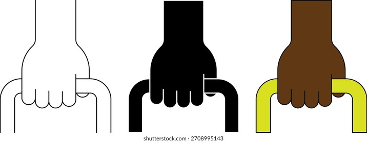 Vector icon set of a hand gripping a carrying handle in outline, silhouette, and color styles