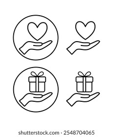 Vector icon set, icon of a hand holding a gift and a heart. A set of icons in your hand. Hands holding a gift and a heart-shaped badge. Hands holding a gift and a heart in a flat and linear style.