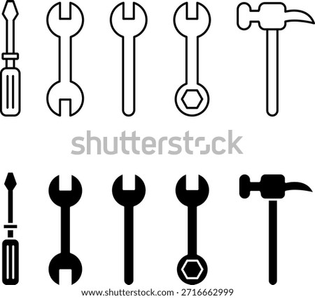 Vector icon set of hand tools including screwdriver wrench spanner and hammer in line and fill styles