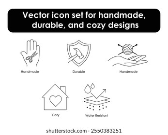 Conjunto de iconos de Vector para diseños hechos a mano, duraderos y acogedores. Incluye símbolos para tejer, fuerza, comodidad y resistencia al agua para temas creativos y protectores.