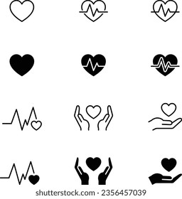 Conjunto de iconos vectores de manos y corazones