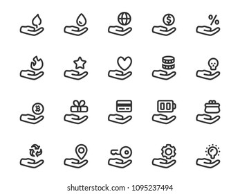 Vector icon set of hands holding various objects in outline style. Collection of concept  icons: favorite, star, flame, discount, money, cash, water, planet, idea and more.