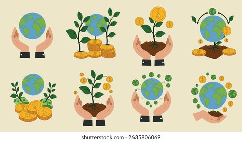 Vector icon set: Hands nurturing Earth globe with growing plants and coins. Symbolizes global investment, financial growth, wealth creation, and potentially sustainable development