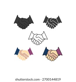 Vector icon set of handshake in line, color line, and flat styles symbolizing business partnership, teamwork, trust, and agreement. Perfect for corporate, collaboration, and success concept design.