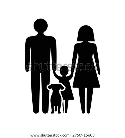 Vector icon set of a happy family with parents, child, and dog, depicted in solid silhouette and line art styles, symbolizing togetherness, home insurance, pet adoption, and household love. 