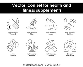 Conjunto de iconos de Vector para suplementos de salud y fitness. Destaca las vitaminas, minerales, antioxidantes y nutrientes de alta potencia para mejorar la energía y el bienestar.