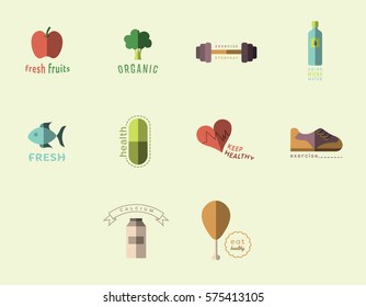 Vector Icon Set For Health And Fitness Against Colored Background