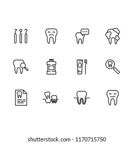 Vector icon set health teeth, dentistry, dental instruments, oral care. Implantation, orthodontics and dental treatment in medical clinic. Outline vector icon