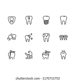 Vector icon set health teeth and dental treatment in medical clinic. Outline vector icon dentistry, oral care, implantation and orthodontics