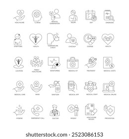 Vector icon set for Healthcare and Patient Services. Comprehensive icons for monitoring health, emergency services, hygiene, and medical costs, covering vital health aspects.