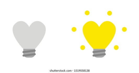 Vector icon set of heart shaped lightbulbs, grey and glowing yellow. Flat color style.