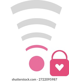 Vector icon set of heart signal strength and secure love connection. Wireless Wi-Fi bars with heart padlock symbol for dating apps, romantic connectivity levels, and digital relationship security.