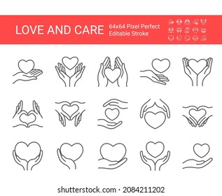 Icono vectorial conjunto de corazones y manos. Organizaciones de Voluntarios y Caridad, emblemas de donaciones y negocios hechos a mano. Razo vector modificable. Pixel perfecto.