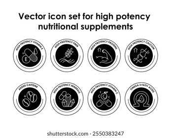 Vector icon set for high potency nutritional supplements. Includes Vitamin E, Fiber, Protein, Calcium, Caffeine, Minerals, Vitamin C, and Omega-3 for health and wellness.