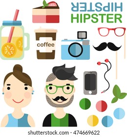 Vector icon set Hipster lifestyle. Includes man, woman, photo camera, coffee to go, juice, cheesecake, moustache.