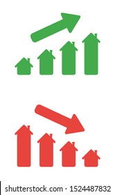 Vector icon set of house graphs up and down. Flat color style. 