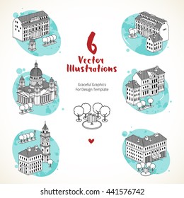 Vector icon set with houses, trees and fountain. Black and white graphics of Old Town. Decor for design template, card, certificate, infographic elements, business card, web page design, town map. 