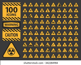 Vector Icon Set - Hundred Triangle Yellow Warning Caution Watch Out Attention Hazard Signs  - Biohazard, Slippery, Cliff, Bomb, Fire, Low Temperature, Tornado, Gas, Electrocution, Flammable, Caustic